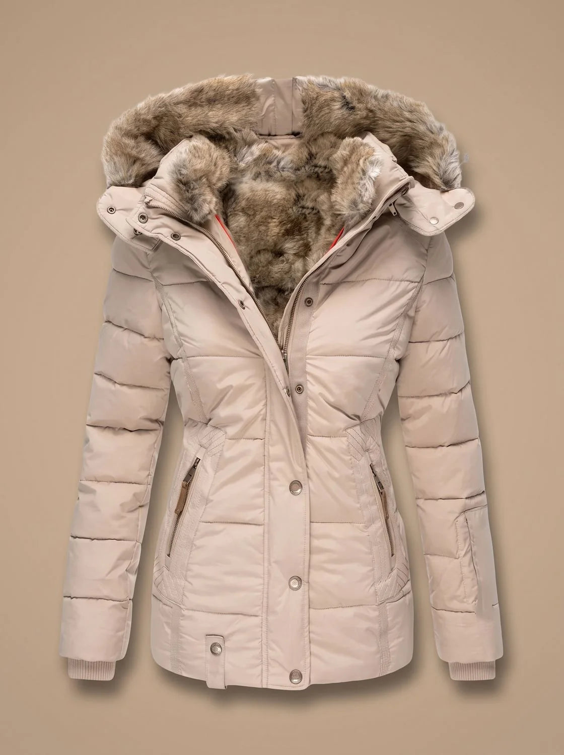 Beige Women's Faux Fur Puffer Coat with Quilted Fit & Adjustable Hood — Faith