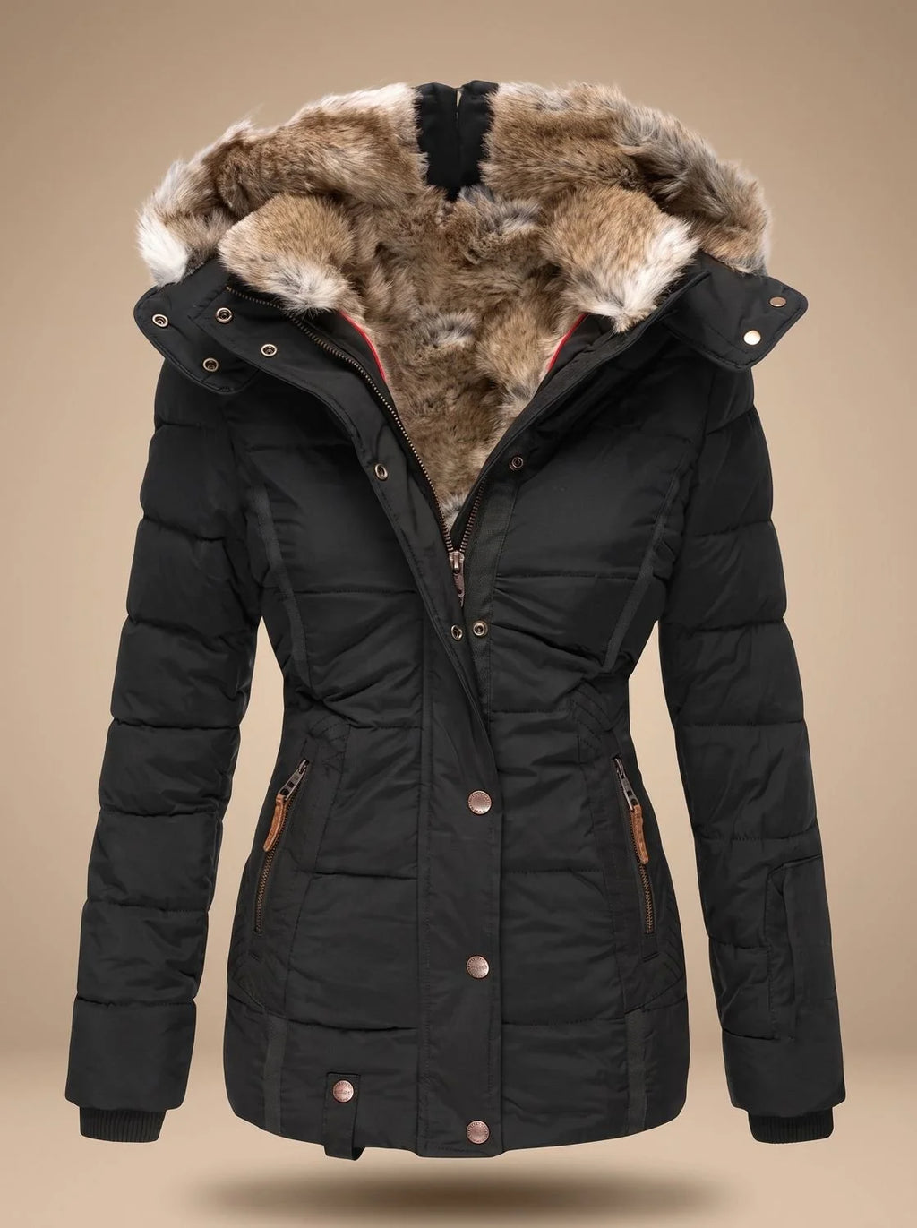 Black Women's Faux Fur Puffer Coat with Quilted Fit & Adjustable Hood