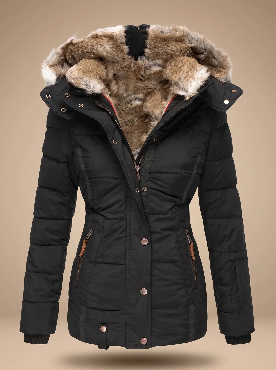 Black Women's Faux Fur Puffer Coat with Quilted Fit & Adjustable Hood