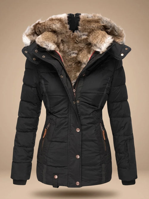 Black Women's Faux Fur Puffer Coat with Quilted Fit & Adjustable Hood