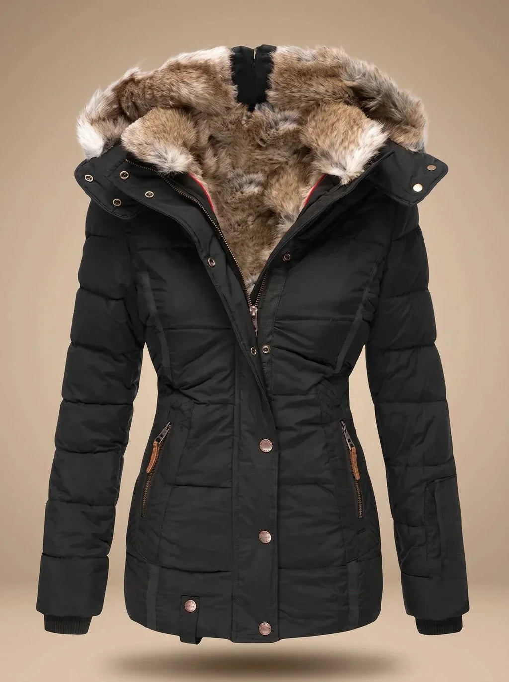 Black Women's Faux Fur Puffer Coat with Hooded Zip Front & Quilted Waist