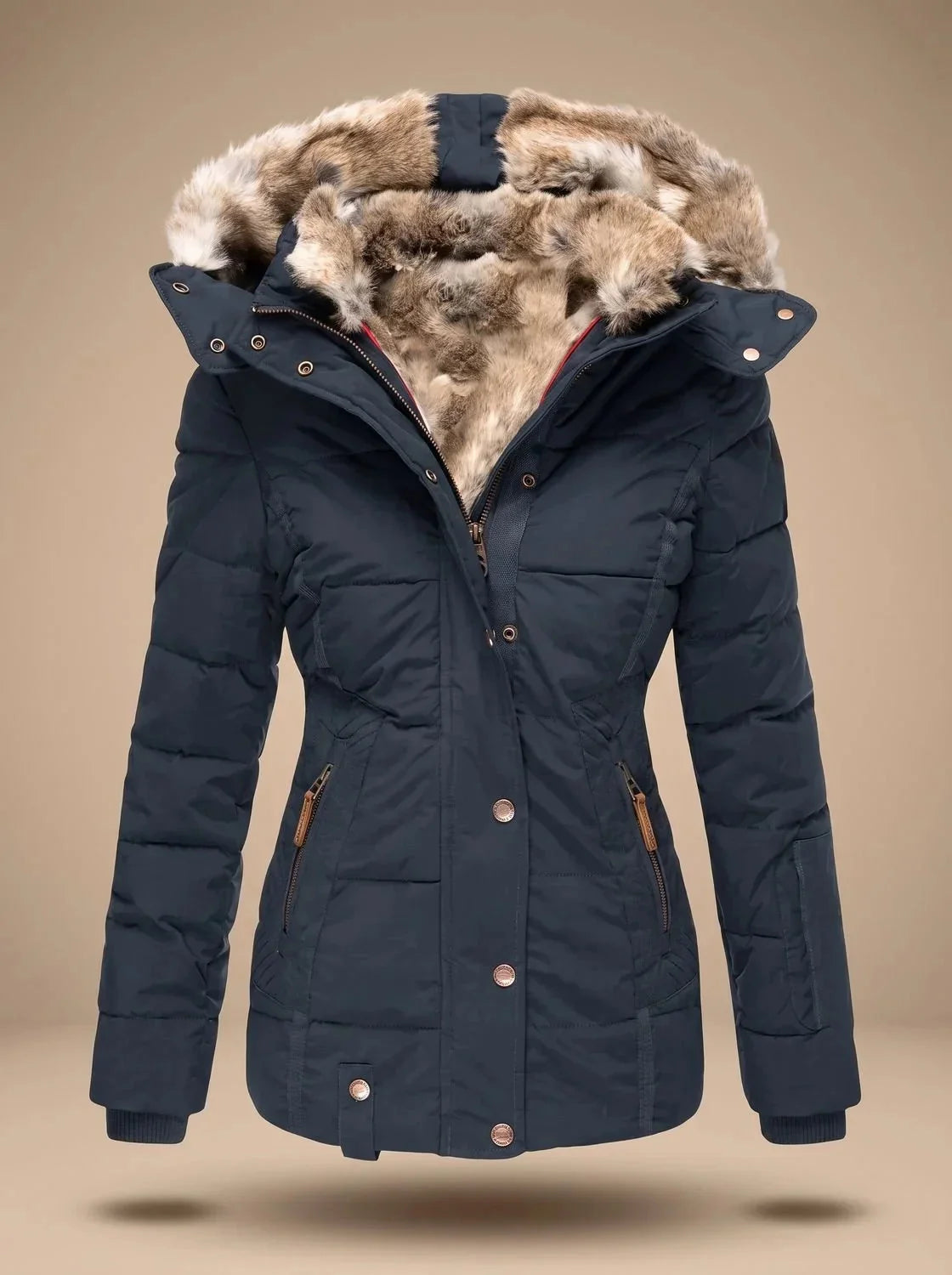 Blue Women's Faux Fur Puffer Coat with Hooded Zip Front & Quilted Waist