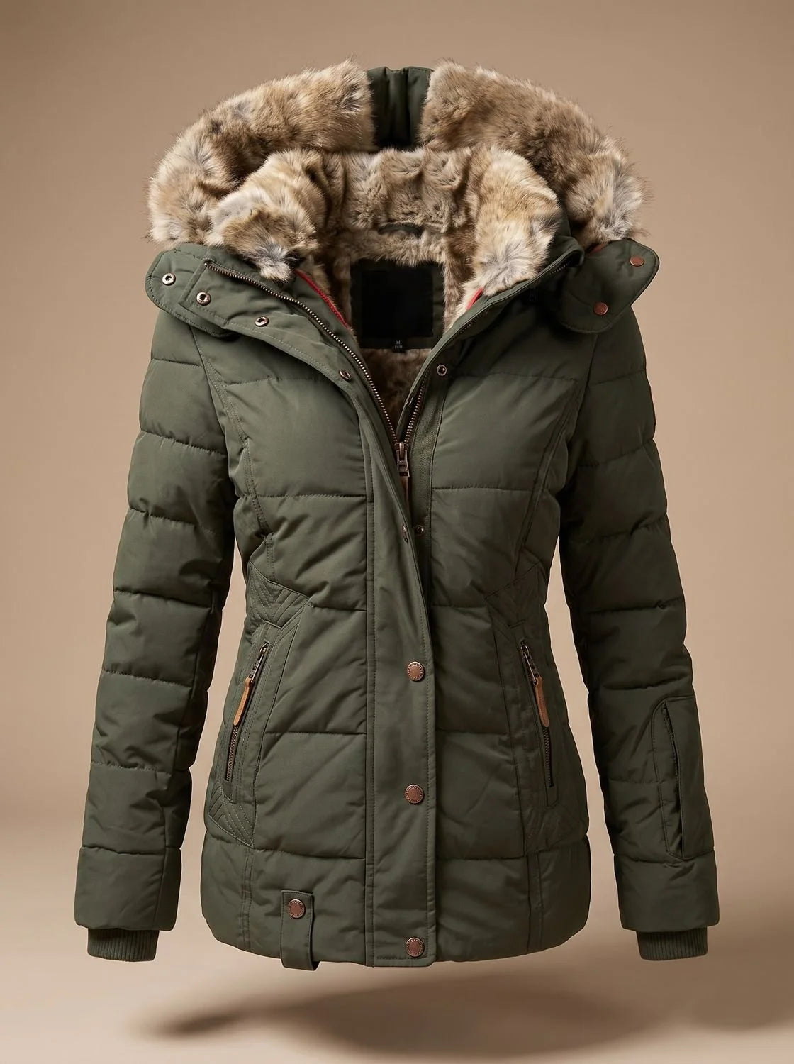 Green Women's Faux Fur Puffer Coat with Quilted Fit & Adjustable Hood — Faith