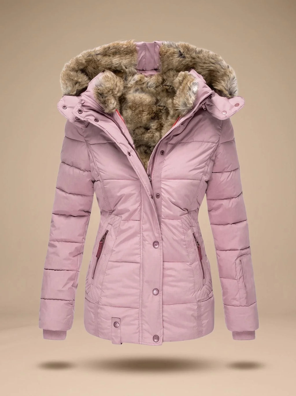 Pink Women's Faux Fur Puffer Coat with Quilted Fit & Adjustable Hood — Faith