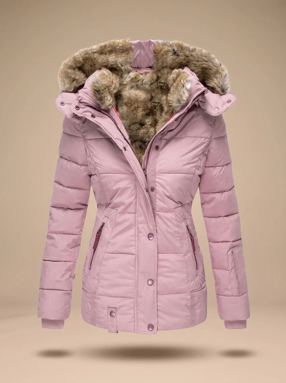 Pink Women's Faux Fur Puffer Coat with Quilted Fit & Adjustable Hood — Faith