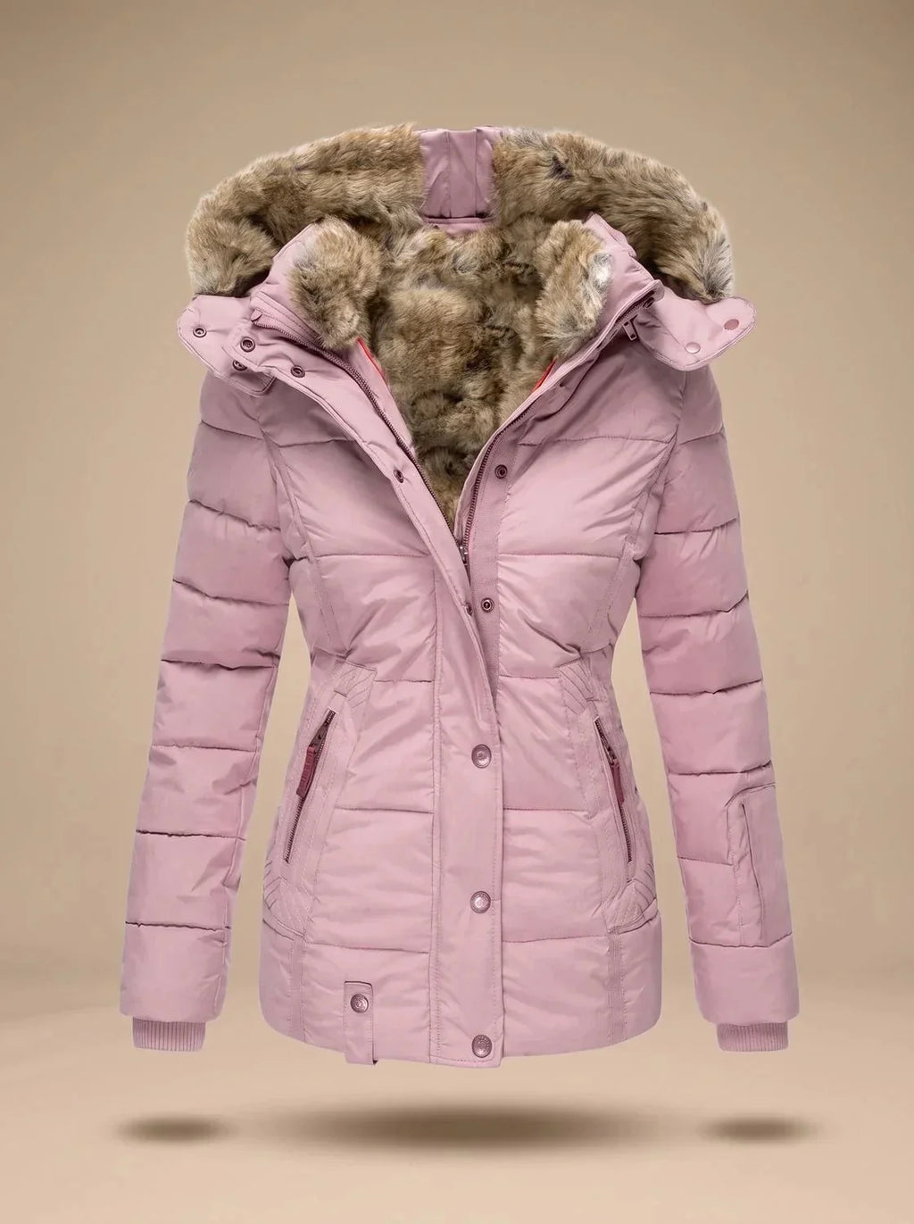 Pink Women's Faux Fur Puffer Coat with Hooded Zip Front & Quilted Waist
