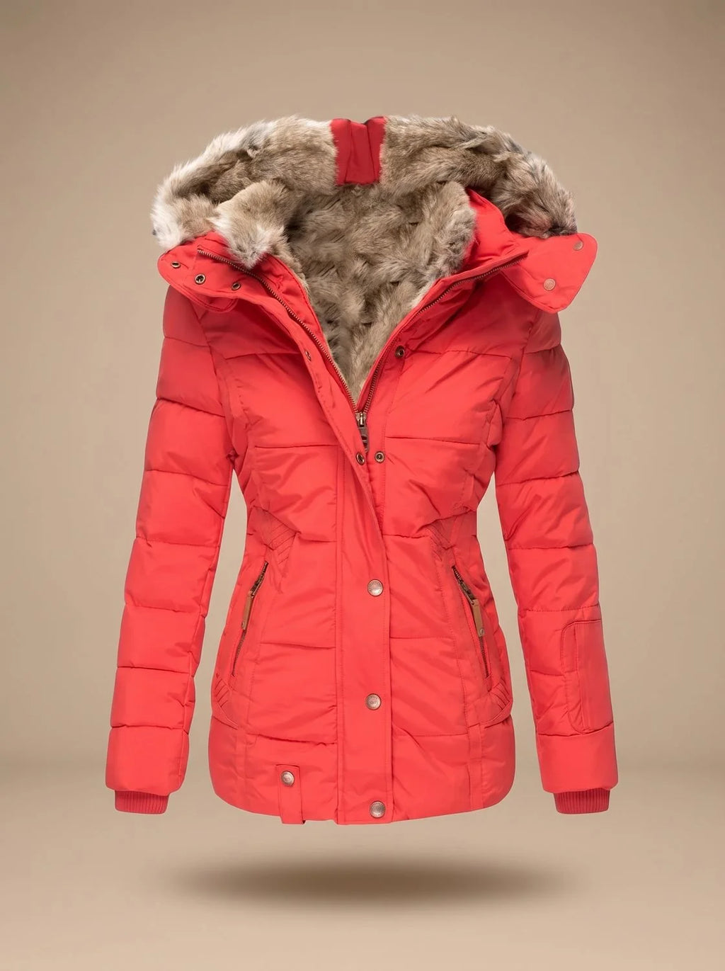 Red Women's Faux Fur Puffer Coat with Quilted Fit & Adjustable Hood