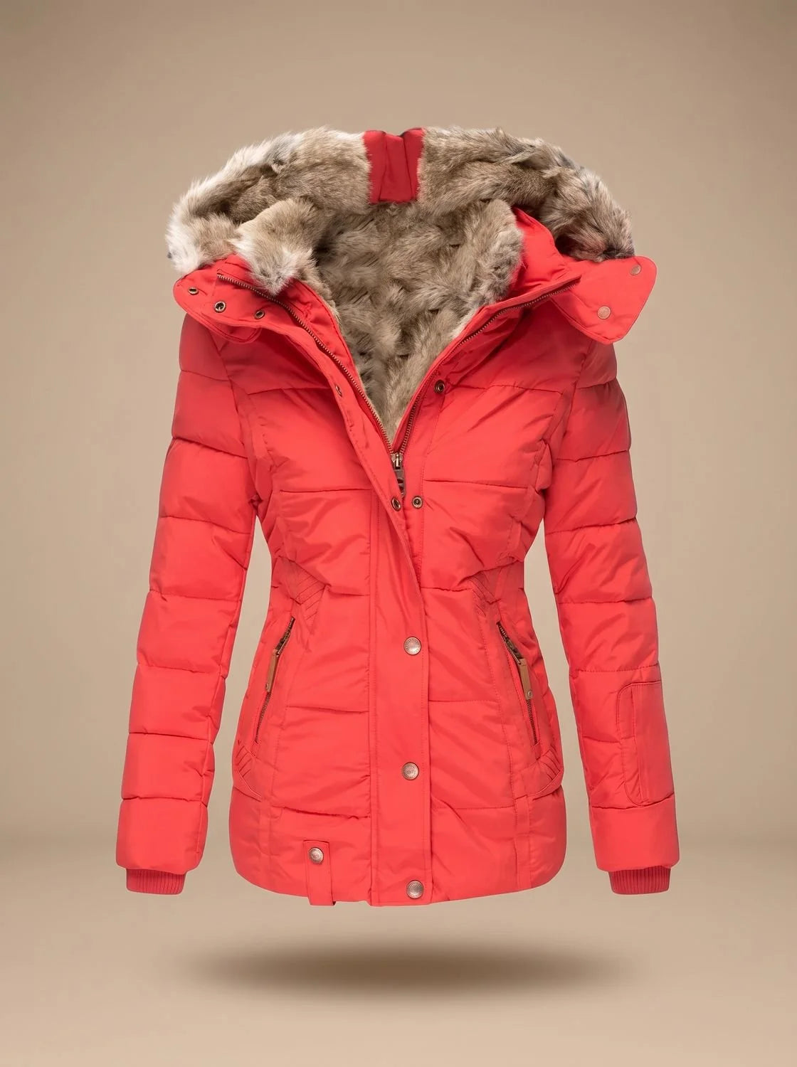Red Women's Faux Fur Puffer Coat with Quilted Fit & Adjustable Hood