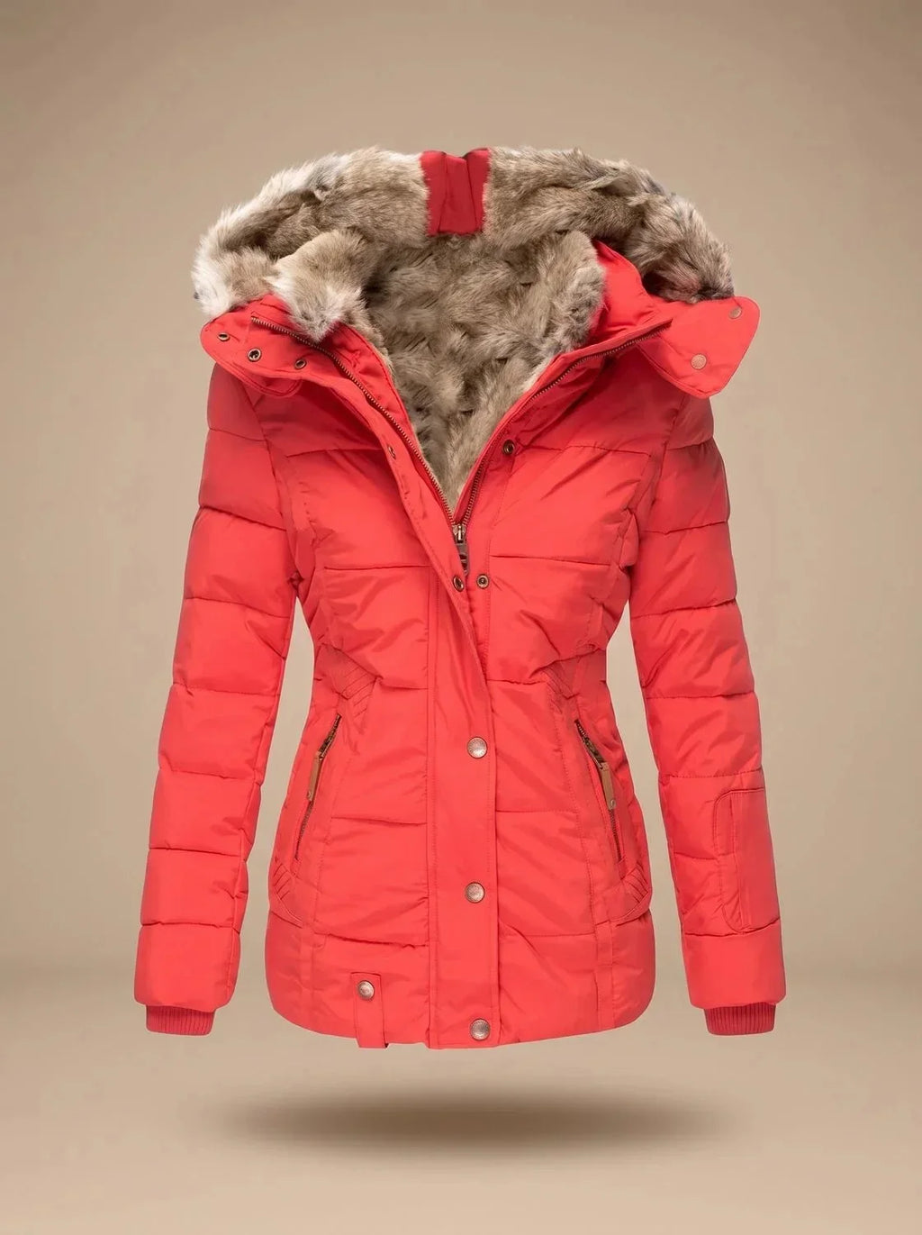 Red Women's Faux Fur Puffer Coat with Hooded Zip Front & Quilted Waist