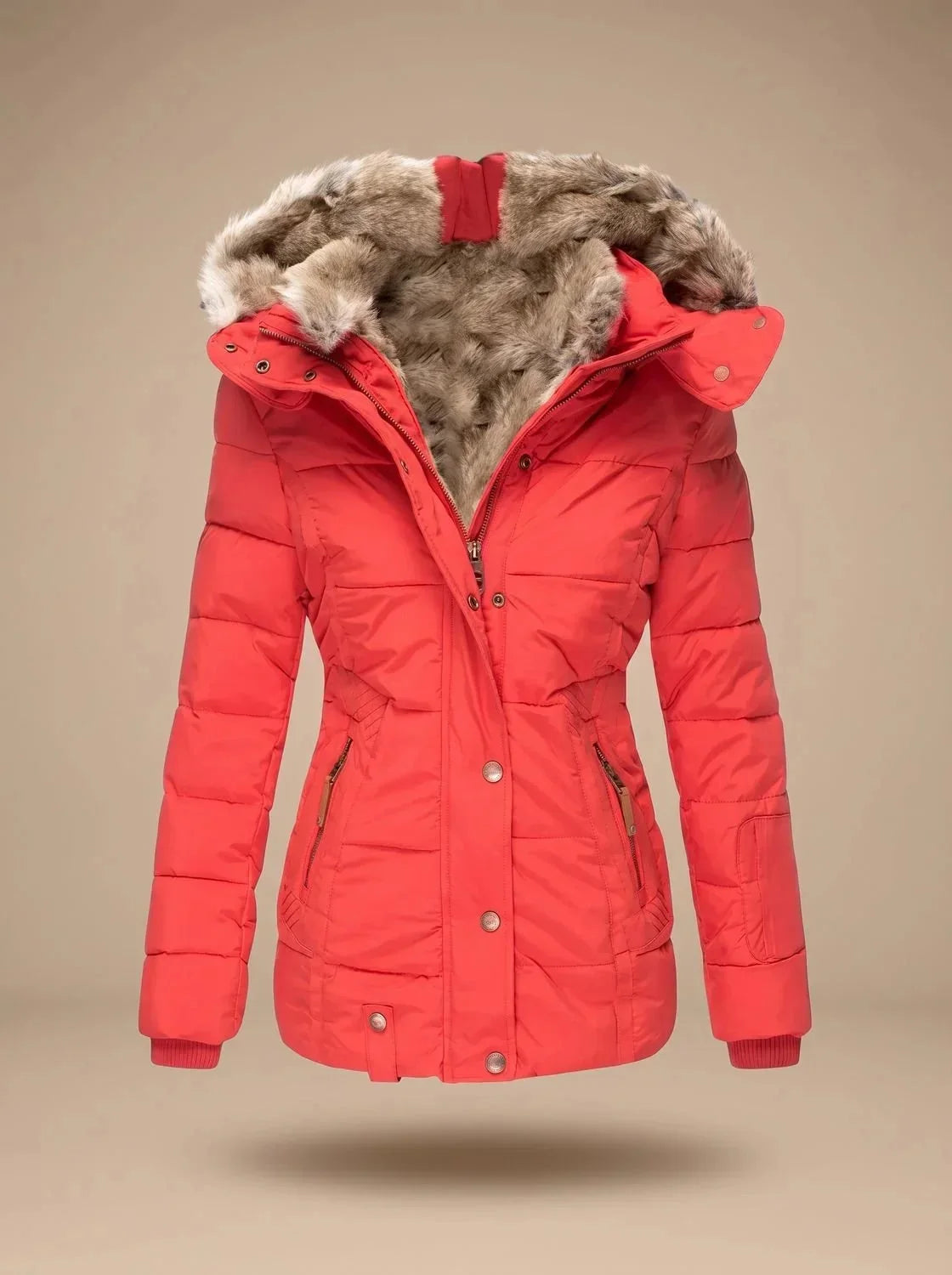 Red Women's Faux Fur Puffer Coat with Hooded Zip Front & Quilted Waist
