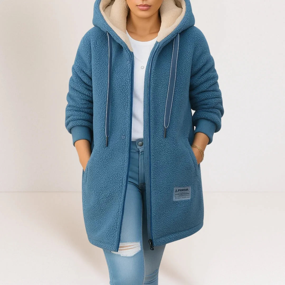 Blue Women's Longline Fleece Jacket with Lined Hood & Side Pockets