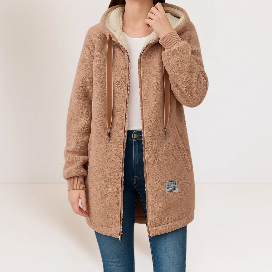 Brown Women's Longline Fleece Jacket with Lined Hood & Side Pockets