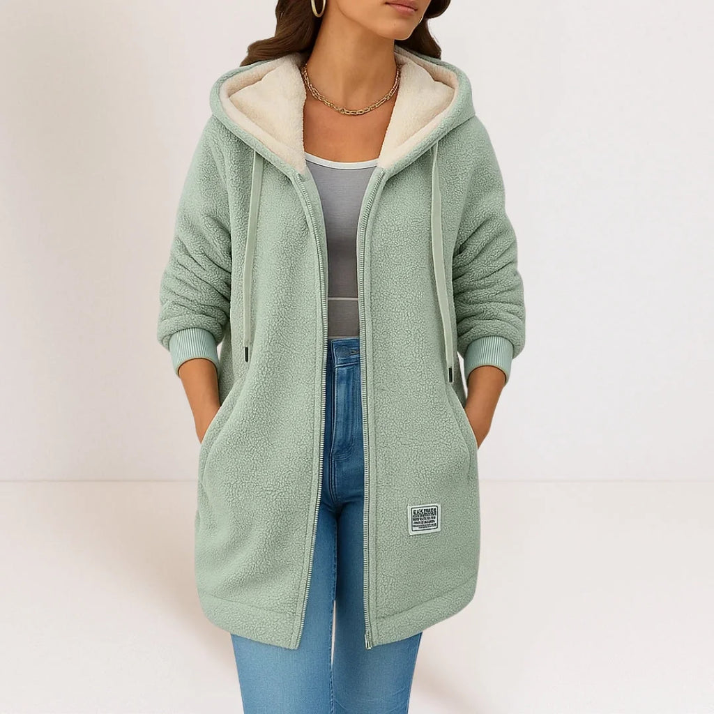 Green Women's Longline Fleece Jacket with Lined Hood & Side Pockets