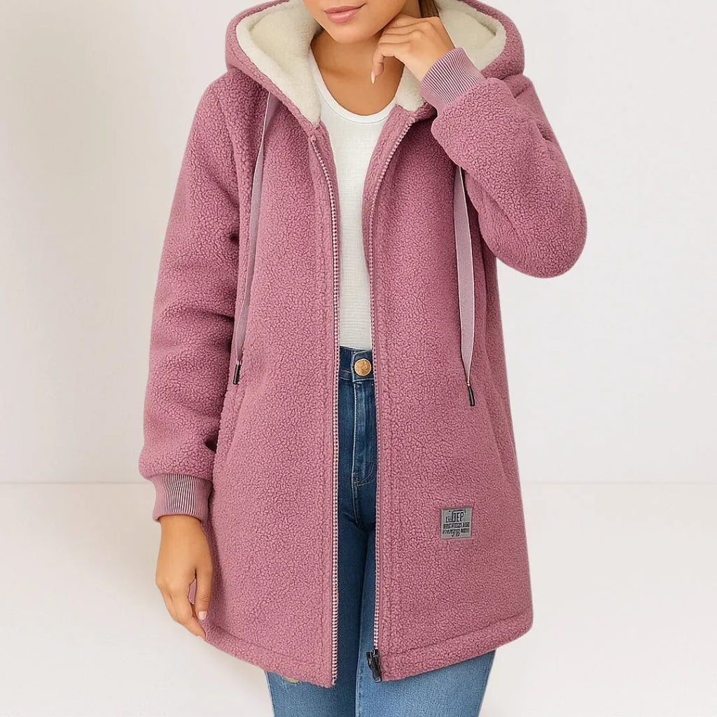 Pink Women's Longline Fleece Jacket with Lined Hood & Side Pockets