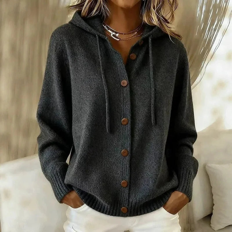 Black Women's Hooded Cardigan with Button-Front Rib Knit & Drawstring Hood