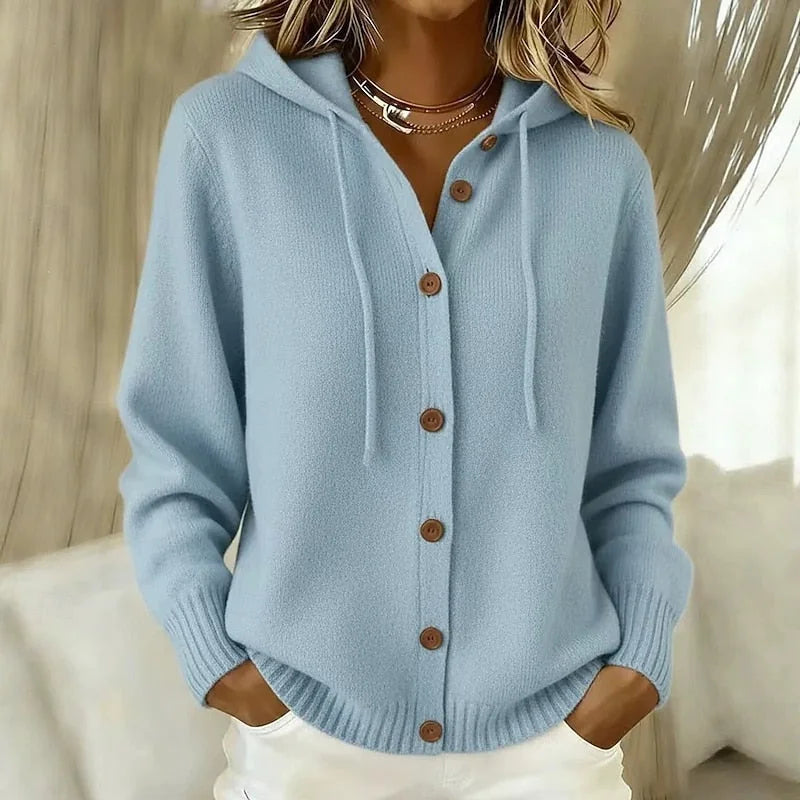 Light Blue Women's Hooded Cardigan with Button-Front Rib Knit & Drawstring Hood