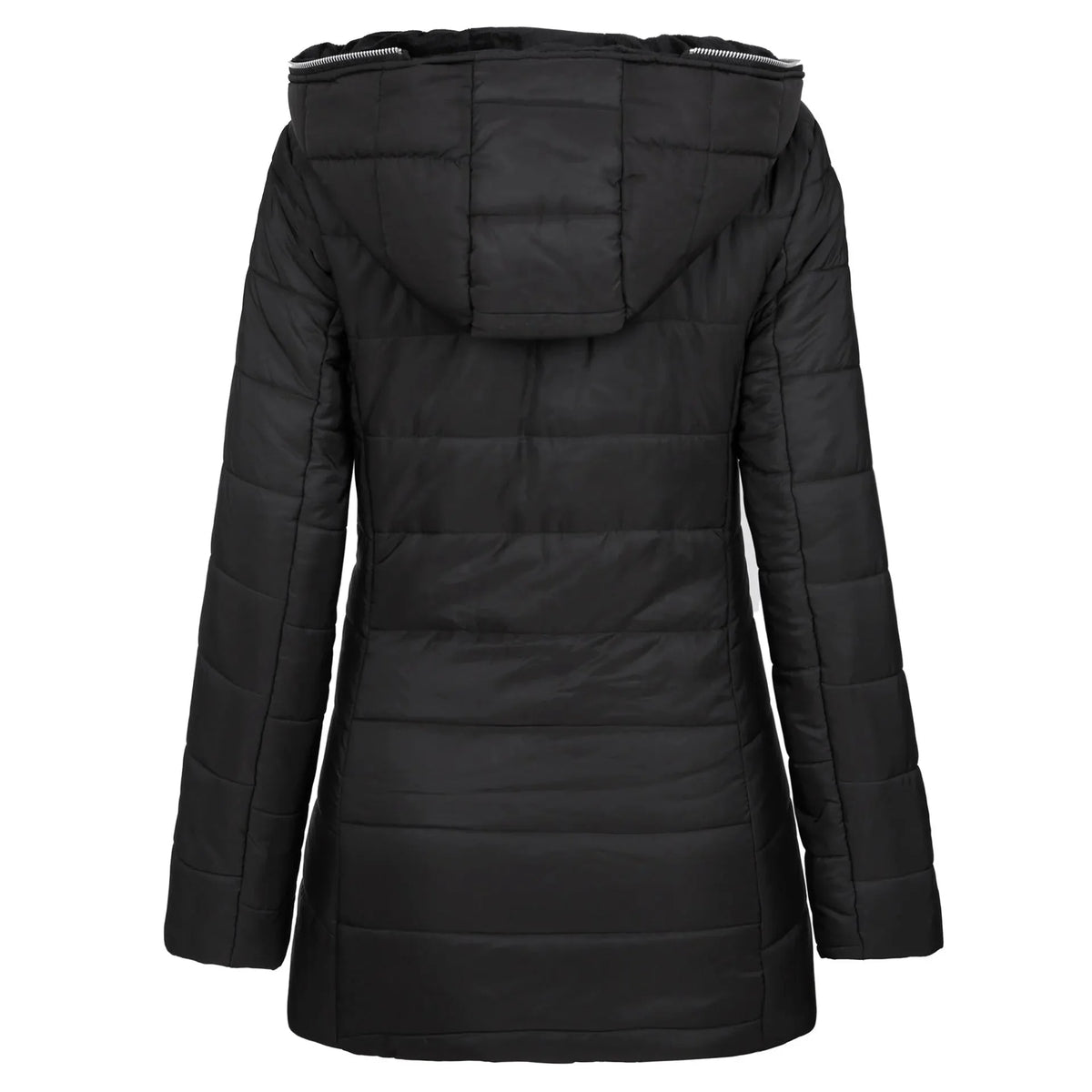 Women's Long Puffer Coat with Hooded Lining & Diagonal Zip - Studio Back