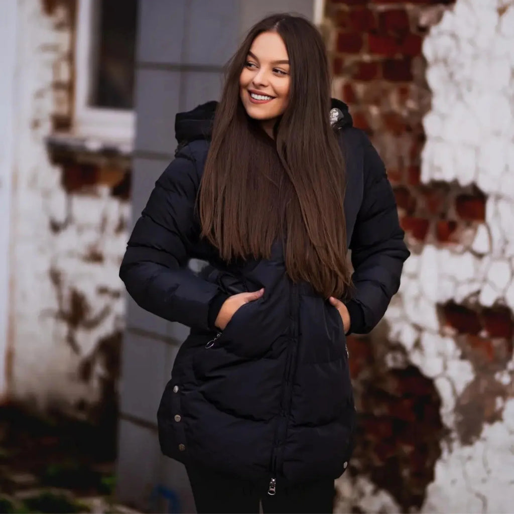Women's Long Puffer Coat with Hooded Lining & Diagonal Zip - Worn Lifestyle