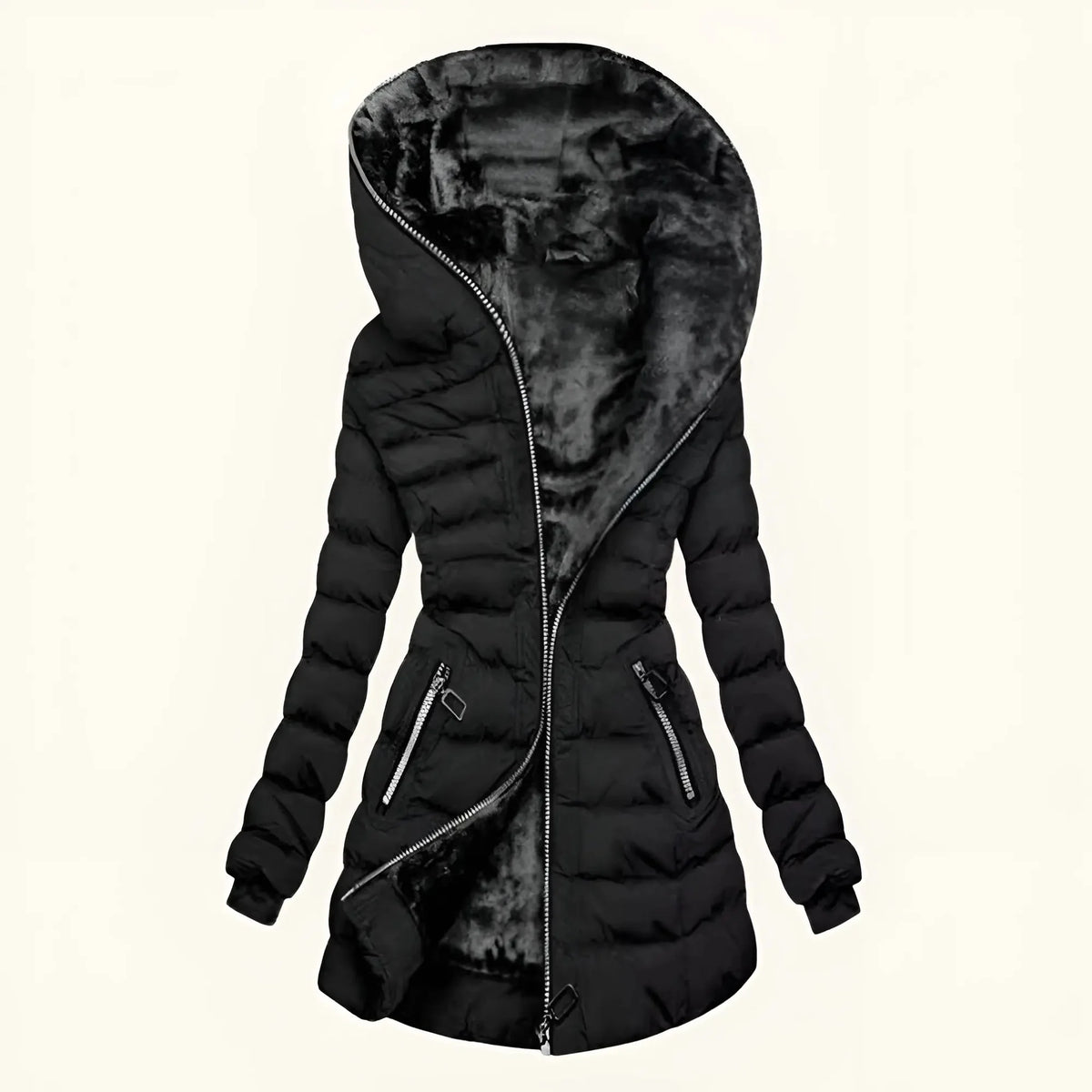 Black Women's Long Puffer Coat with Hooded Lining & Diagonal Zip