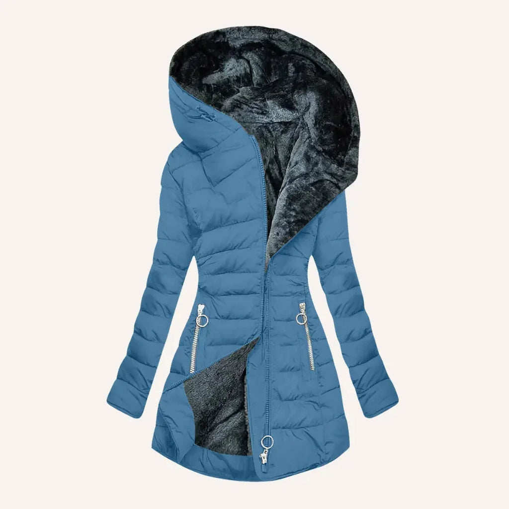 Blue Women's Long Puffer Coat with Hooded Lining & Diagonal Zip