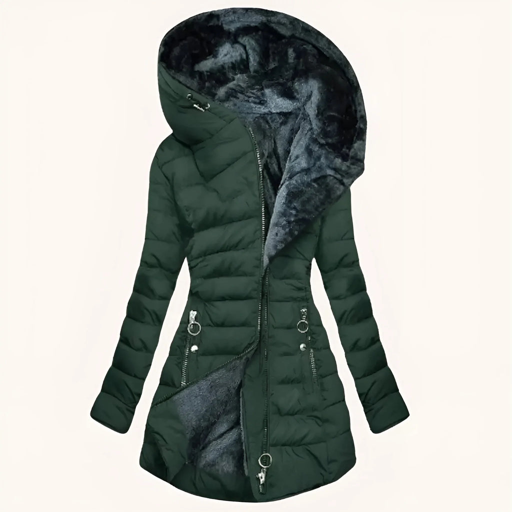 Dark Green Women's Long Puffer Coat with Hooded Lining & Diagonal Zip - Studio Front