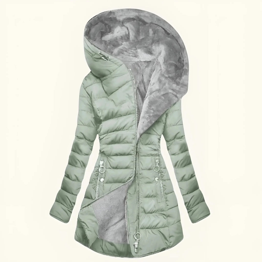 Green Women's Long Puffer Coat with Hooded Lining & Diagonal Zip