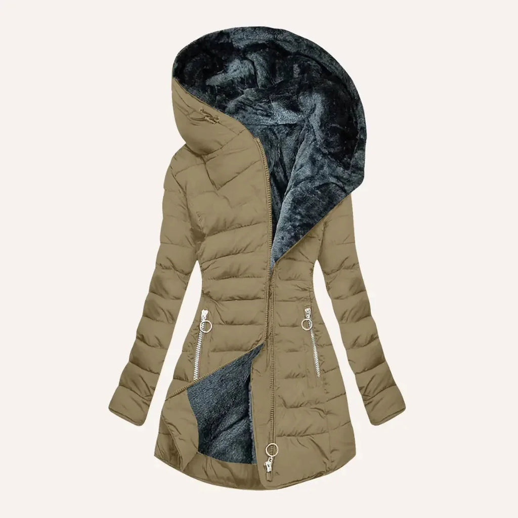 Khaki Women's Long Puffer Coat with Hooded Lining & Diagonal Zip