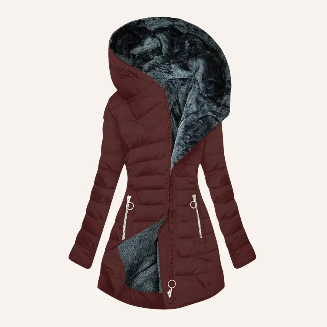 Wine Red Women's Long Puffer Coat with Hooded Lining & Diagonal Zip - Studio Front