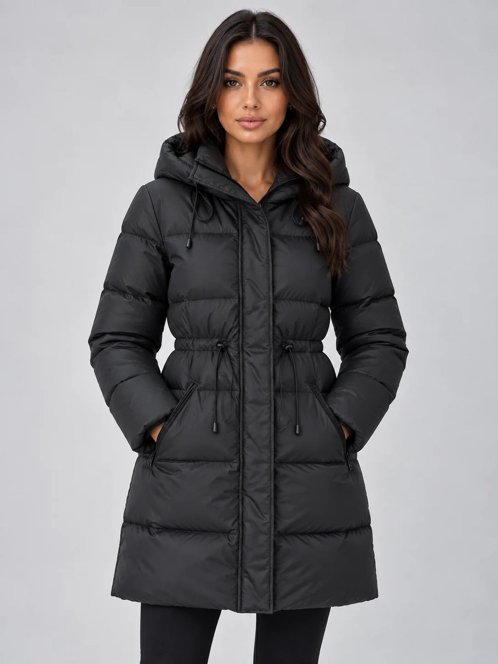 Black Women's Hooded Puffer Coat with Drawstring Waist & Zip Pockets