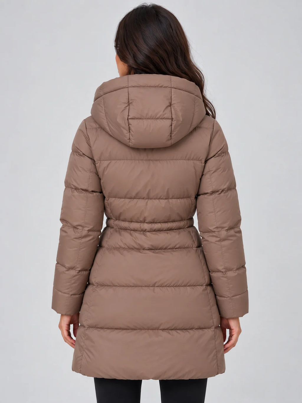 Women's Hooded Puffer Coat with Drawstring Waist & Zip Pockets - Back Full