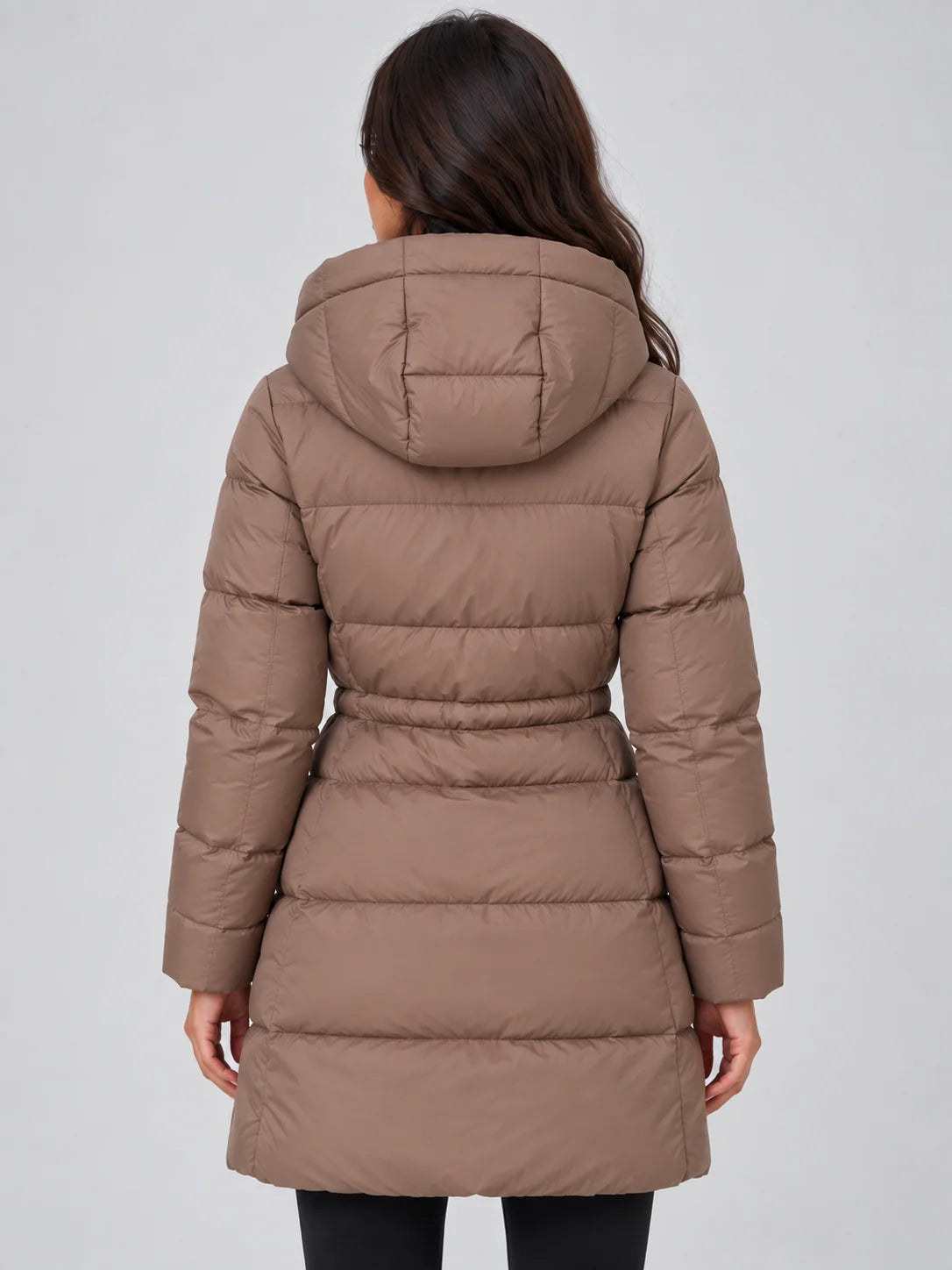 Women's Hooded Puffer Coat with Drawstring Waist & Zip Pockets - Back Full
