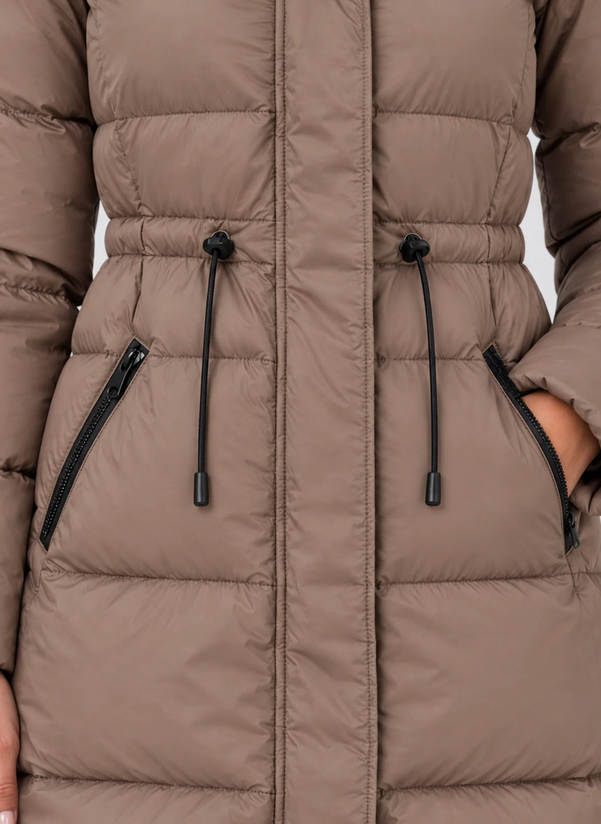 Women's Hooded Puffer Coat with Drawstring Waist & Zip Pockets - Close Up Detail