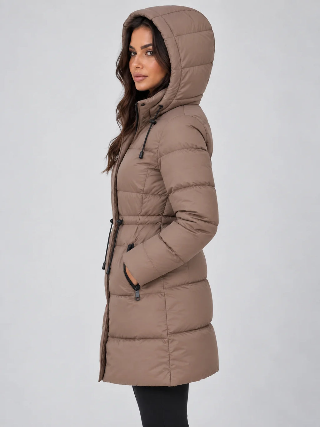 Women's Hooded Puffer Coat with Drawstring Waist & Zip Pockets - Side Pose