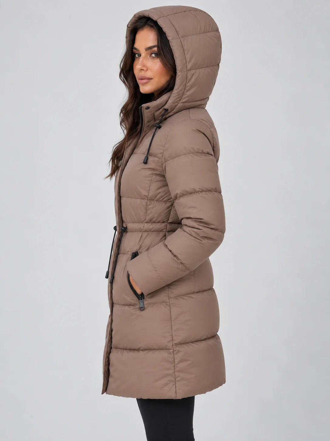 Women's Hooded Puffer Coat with Drawstring Waist & Zip Pockets - Side Pose