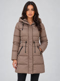 Brown Women's Hooded Puffer Coat with Drawstring Waist & Zip Pockets