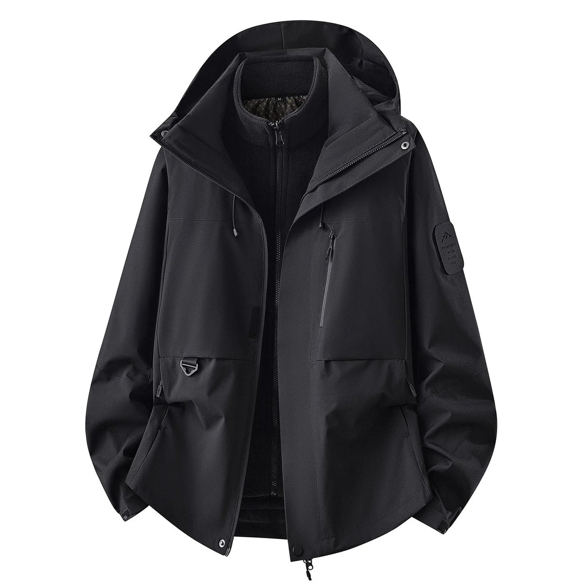 Black Women's Outdoor Jacket with Zip-Off Fleece Liner, Adjustable Hood & Multiple Pockets