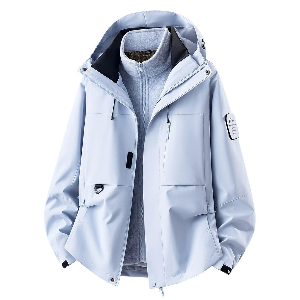 Moonlight Blue Women's Outdoor Jacket with Zip-Off Fleece Liner, Adjustable Hood & Multiple Pockets - Front Open Skyblue