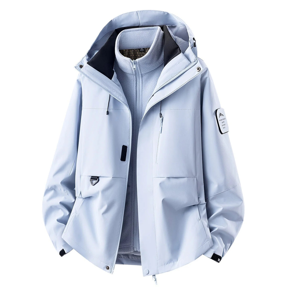 Moonlight Blue Women's Outdoor Jacket with Zip-Off Fleece Liner, Adjustable Hood & Multiple Pockets - Front Open Skyblue
