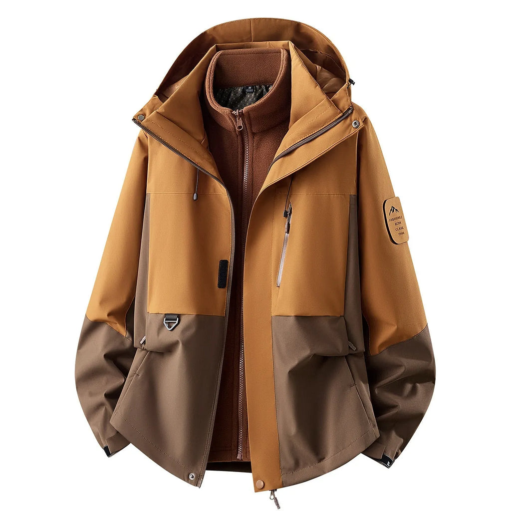Brown Women's Outdoor Jacket with Zip-Off Fleece Liner, Adjustable Hood & Multiple Pockets