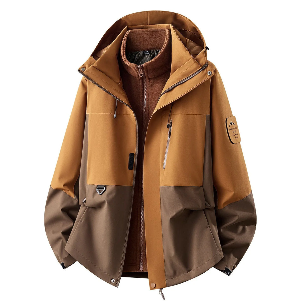 Brown Women's Outdoor Jacket with Zip-Off Fleece Liner, Adjustable Hood & Multiple Pockets