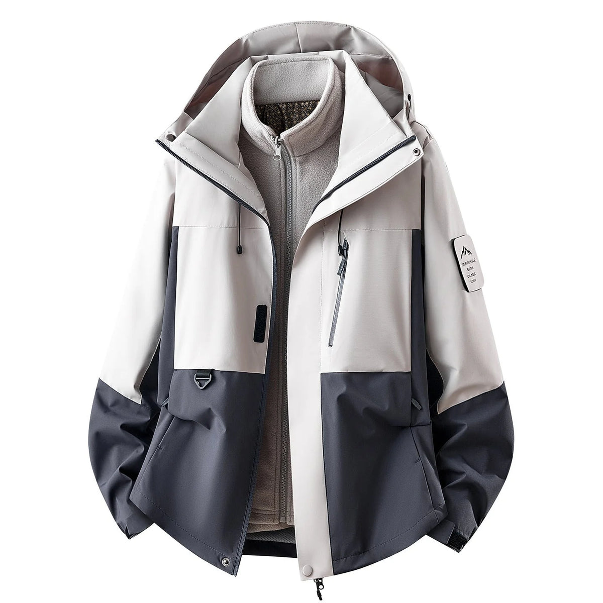 Light Grey Women's Outdoor Jacket with Zip-Off Fleece Liner, Adjustable Hood & Multiple Pockets