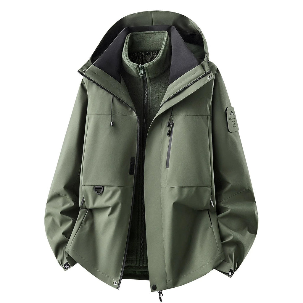 Olive Green Women's Outdoor Jacket with Zip-Off Fleece Liner, Adjustable Hood & Multiple Pockets - Front Open