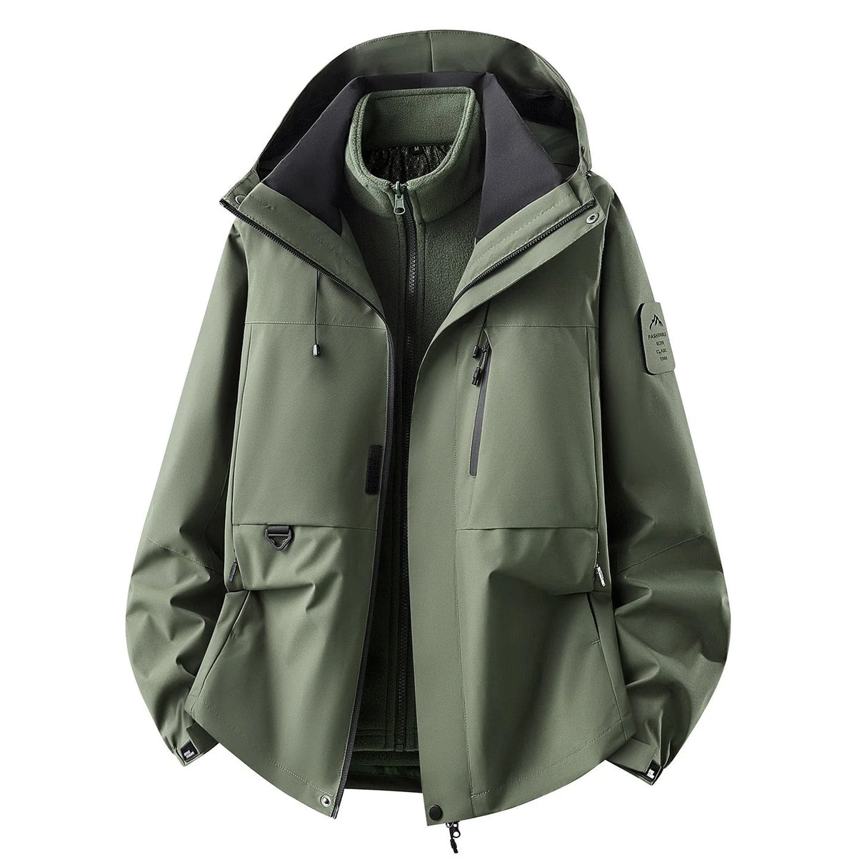 Olive Green Women's Outdoor Jacket with Zip-Off Fleece Liner, Adjustable Hood & Multiple Pockets - Front Open