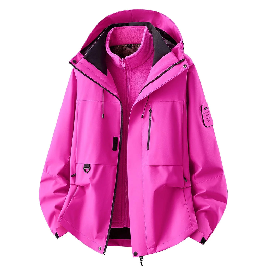 Lilac Women's Outdoor Jacket with Zip-Off Fleece Liner, Adjustable Hood & Multiple Pockets - Front Open Pink