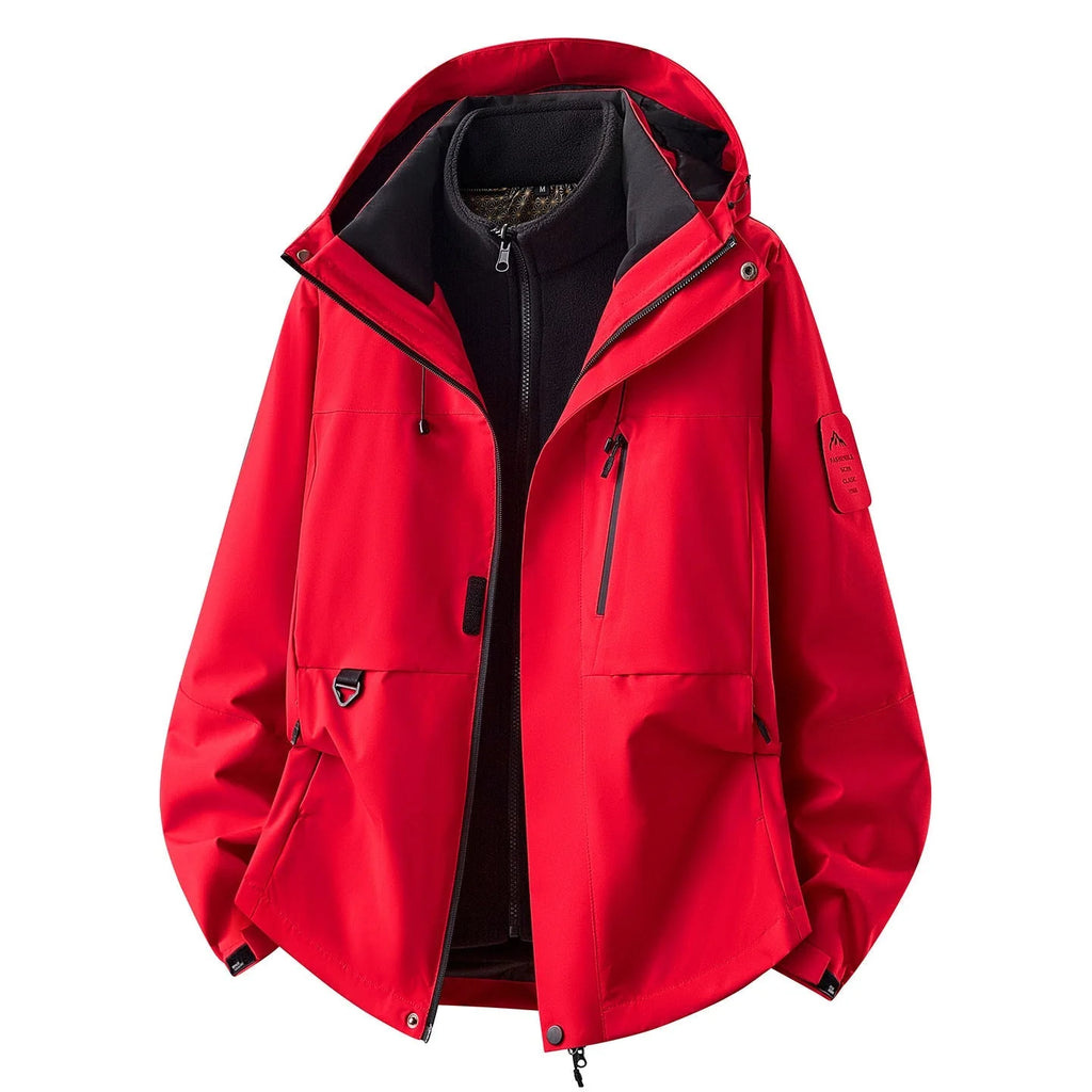 Bright Red Women's Outdoor Jacket with Zip-Off Fleece Liner, Adjustable Hood & Multiple Pockets