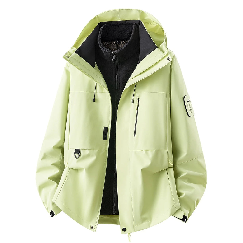Women's Outdoor Jacket with Zip-Off Fleece Liner, Adjustable Hood & Multiple Pockets - Front Full Lime