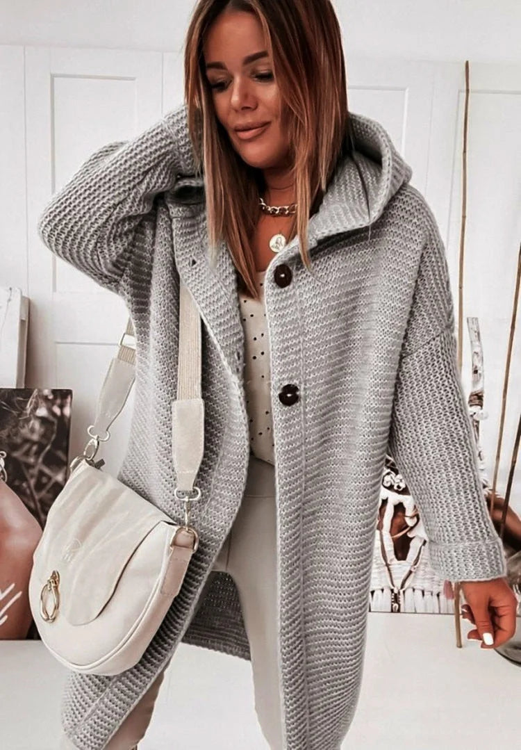 Grey Women's Hooded Cardigan with Oversized Fit & Ribbed Knit Cuffs