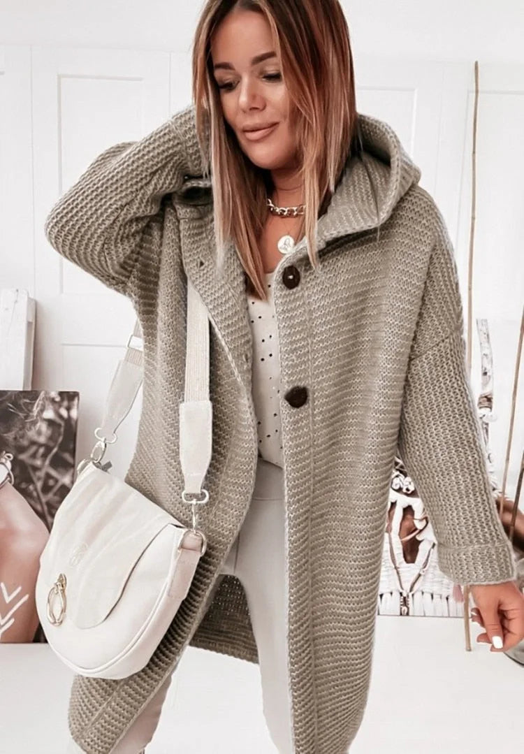 Khaki Women's Hooded Cardigan with Oversized Fit & Ribbed Knit Cuffs