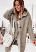 Khaki Women's Hooded Cardigan with Oversized Fit & Ribbed Knit Cuffs