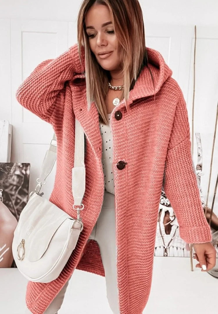 Orange Women's Hooded Cardigan with Oversized Fit & Ribbed Knit Cuffs